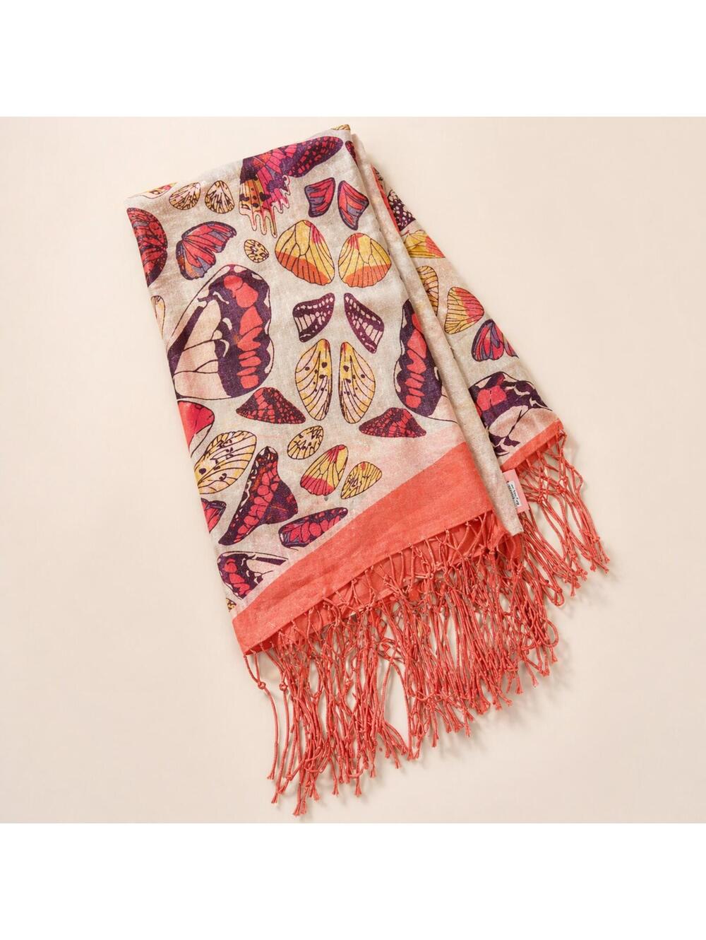 Theodora & Callum Butterfly Fringe Scarf Shawl Coral Cream Boho Wrap